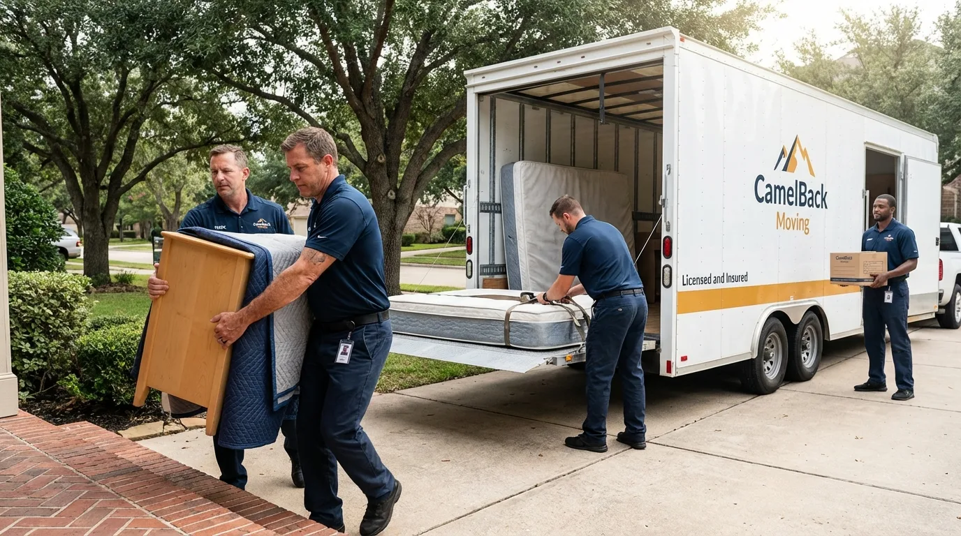 Crew loading residential truck for cross-state move from Medford, NY