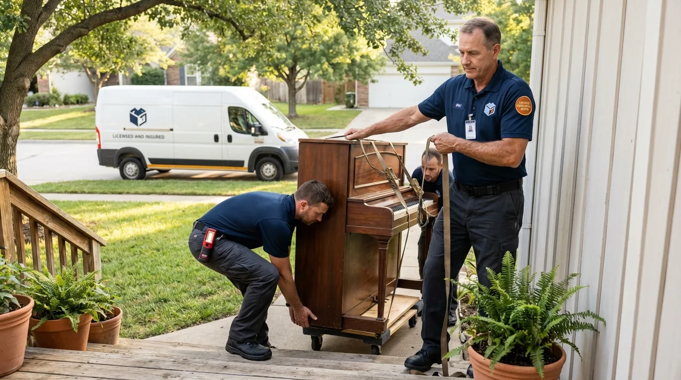 Licensed piano movers securing grand piano in Medford, NY