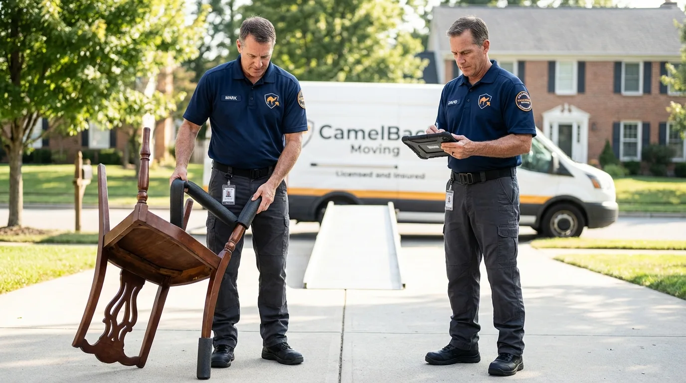 Movers inspecting furniture for damage prevention before loading in Medford, NY