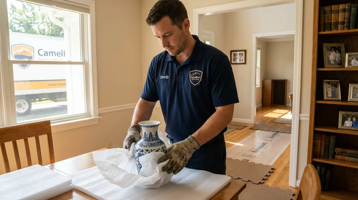 Professional crew carefully wrapping antique vase for senior downsizing move in Medford, NY