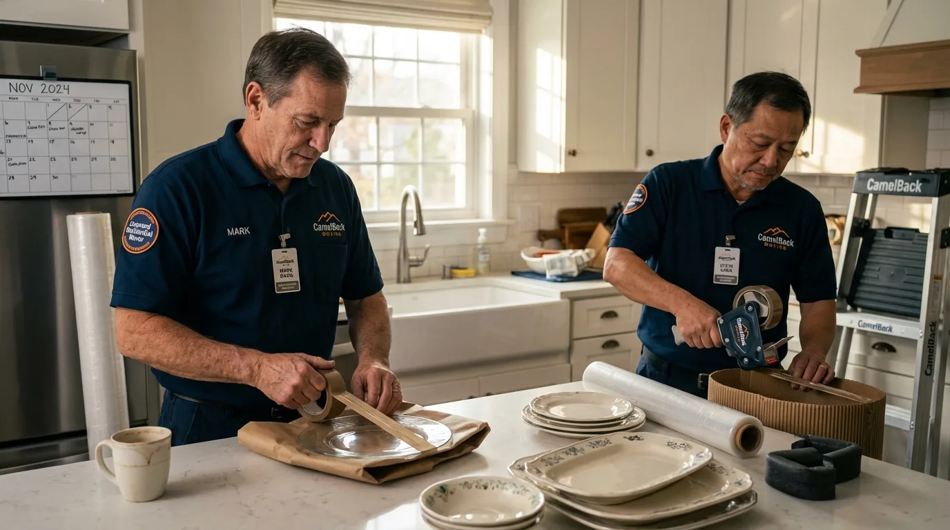 Professional crew packing kitchen dishware in Medford, NY